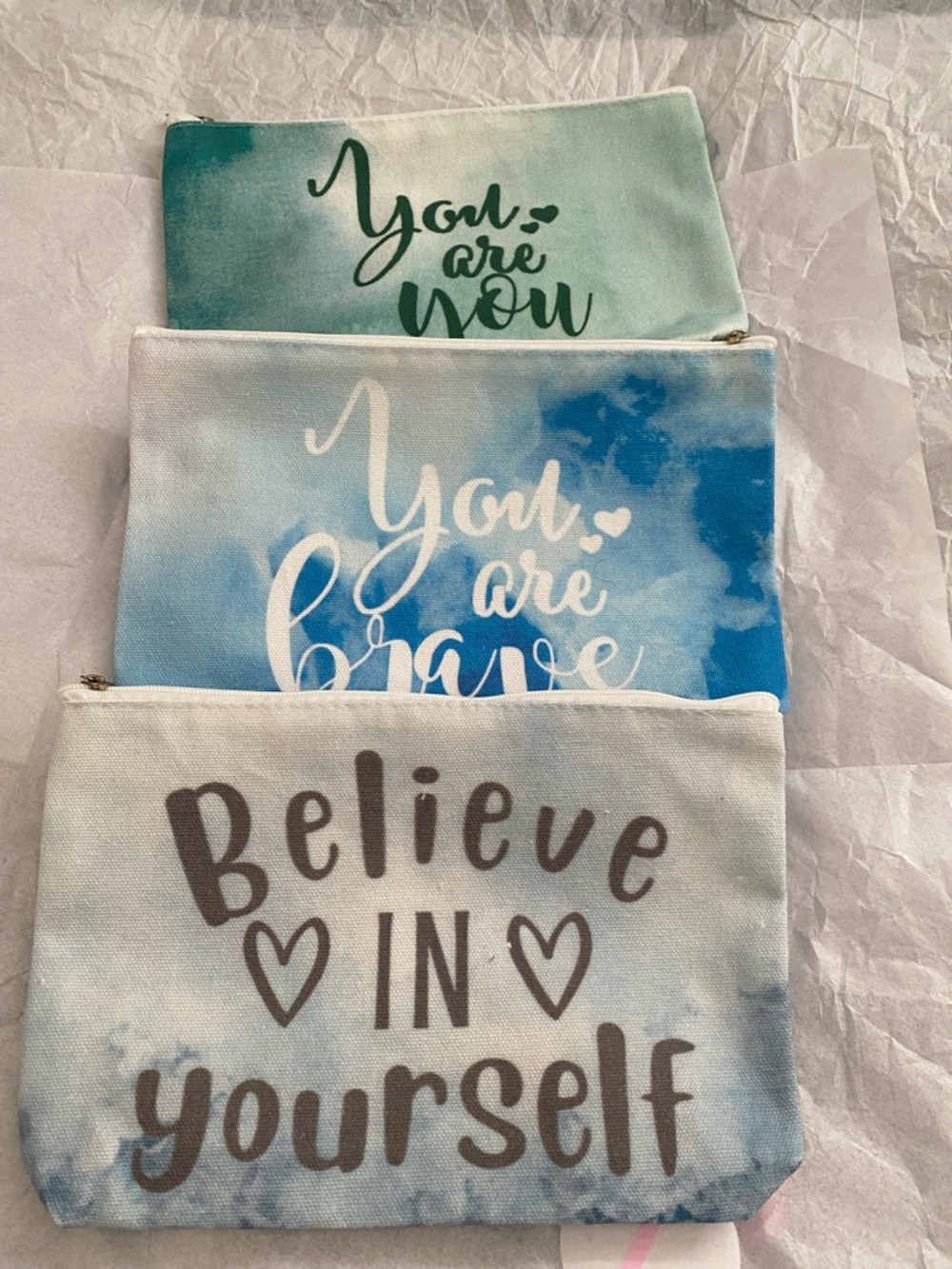 Inspirational Canvas Zip Pouch Trio - Blue & Teal